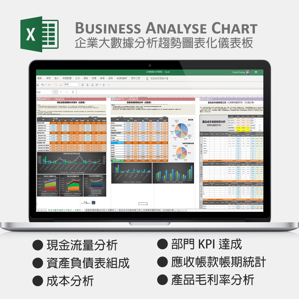 企業分析可視化圖表Excel模板現金流量表資產負債表損益表成本分析KPI 帳齡應收帳款人力資源損益平衡| 蝦皮購物