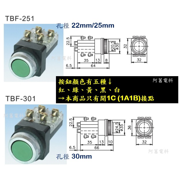 【含稅附發票】天得 TEND 平頭按鈕開關 TBF-25 25MM、TBF-30 30MM 接點1A1B 按鈕開關 | 蝦皮購物
