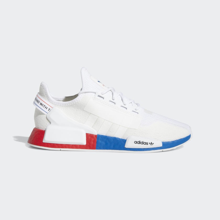 Adidas nmd white 2025 with red and blue