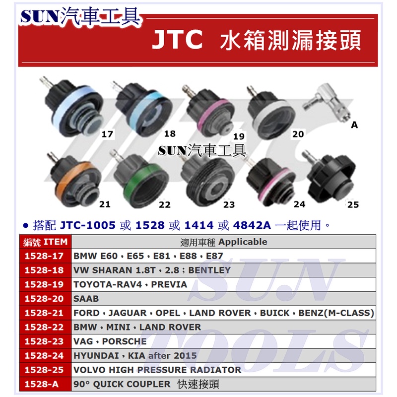 SUN汽車工具JTC 1528 17 18 19 20 21 22 23 24 25 A 水箱測漏接頭