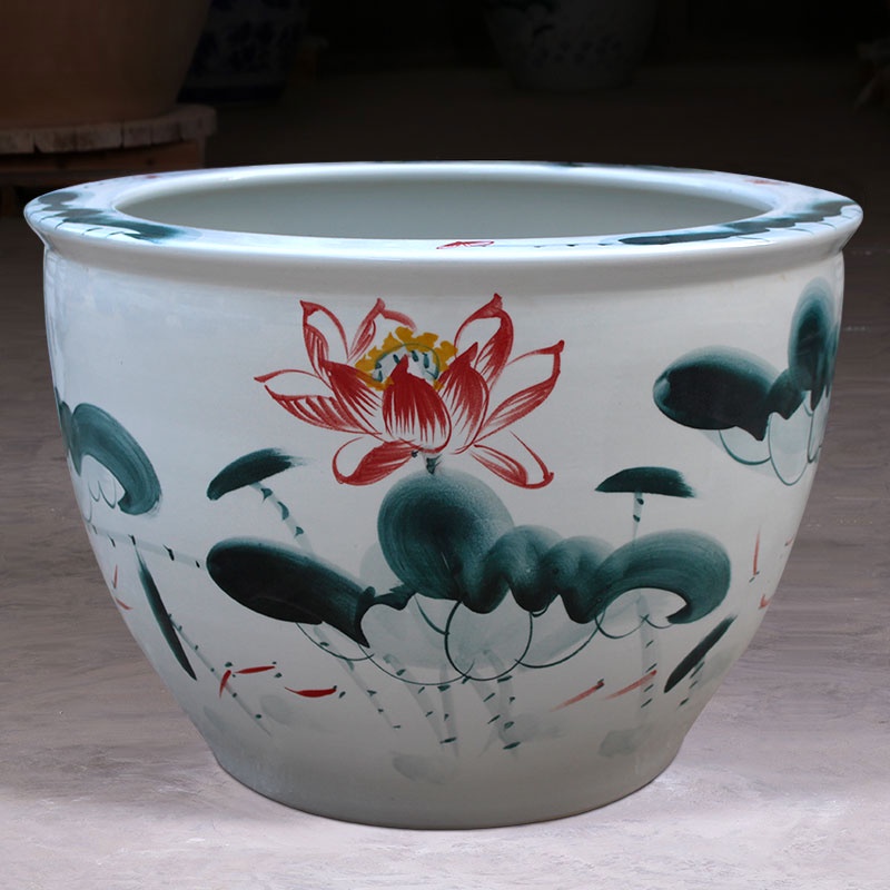 免運到府陶瓷魚缸蓮花釭金魚荷花釭水養釭青花缸陶瓷魚缸戶外1米特大水