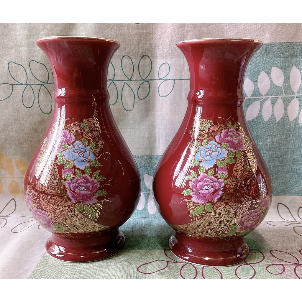 中国　古玩　孔雀釉赤壺花瓶27cm16cm 朱紅如意花瓶金孔雀花器10吋花瓶8吋花瓶(一對) | 蝦皮購物