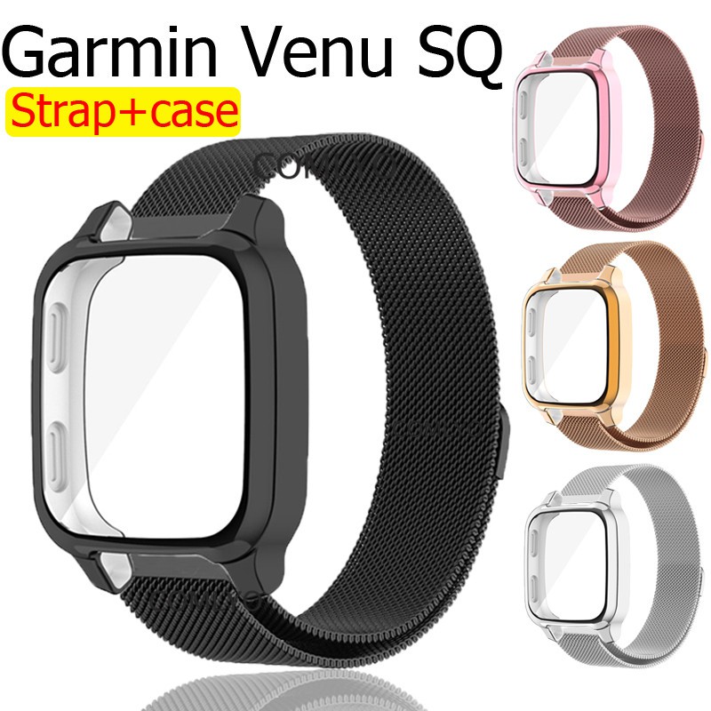 適用Garmin Venu SQ 錶帶不鏽鋼米蘭錶帶磁性扣帶腕帶全包保護殼軟殼套