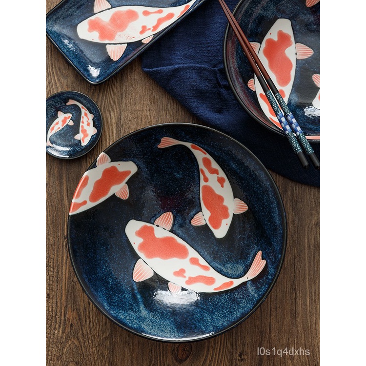 日式餐具| 日本錦鯉餐具| 吉祥鯉魚碗盤子| 陶瓷菜盤長方形壽司盤