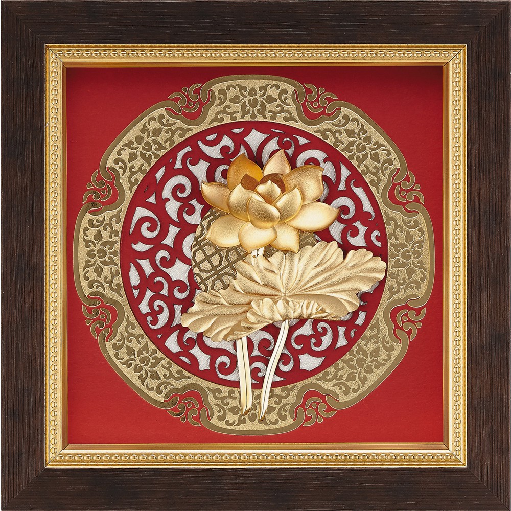 開運陶源雅鑑鑫品【圓形窗花系列-荷香蓮花】 蓮花純金箔畫21 x 21 cm可
