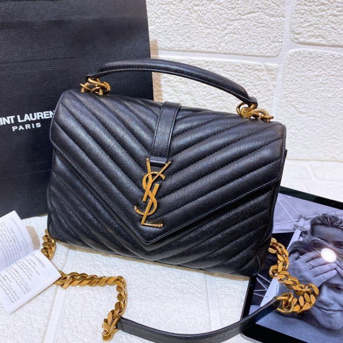 二手旗艦 YSL 黑色 山形文 金LOGO 金鍊 學院包 斜背包 肩背包 (中友店) 07501 | 蝦皮購物