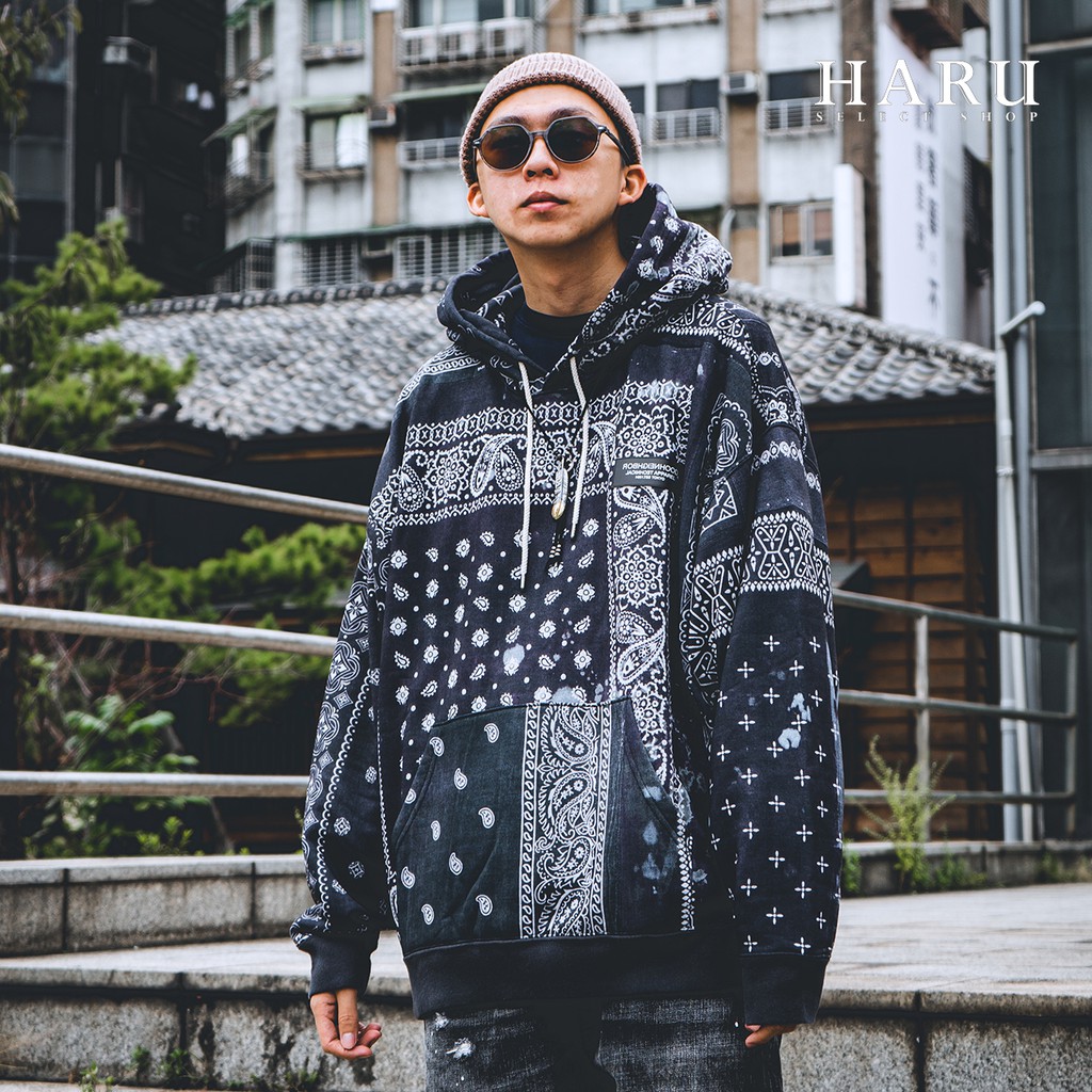 Neighborhood BANDANA CHOPPED POPOVER HOODY 變形蟲水洗圖騰帽T 黑藍