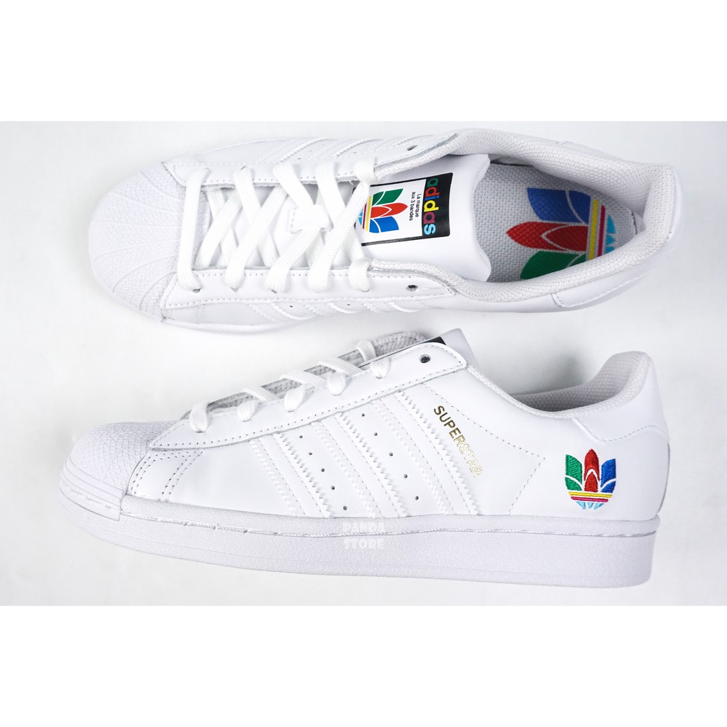 胖達）ADIDAS SUPERSTAR 刺繡彩虹貝殼頭運動鞋FW3694 白FU9521 白彩虹