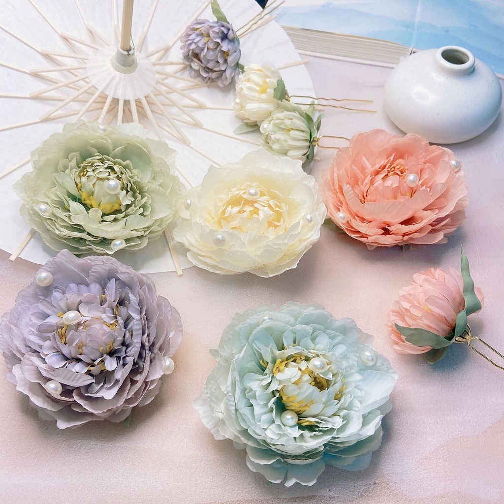 {牡丹絹花3支}漢服原創絹花髮夾髮釵髮簪子 古裝唐風后壓花朵。 GBDm | 蝦皮購物