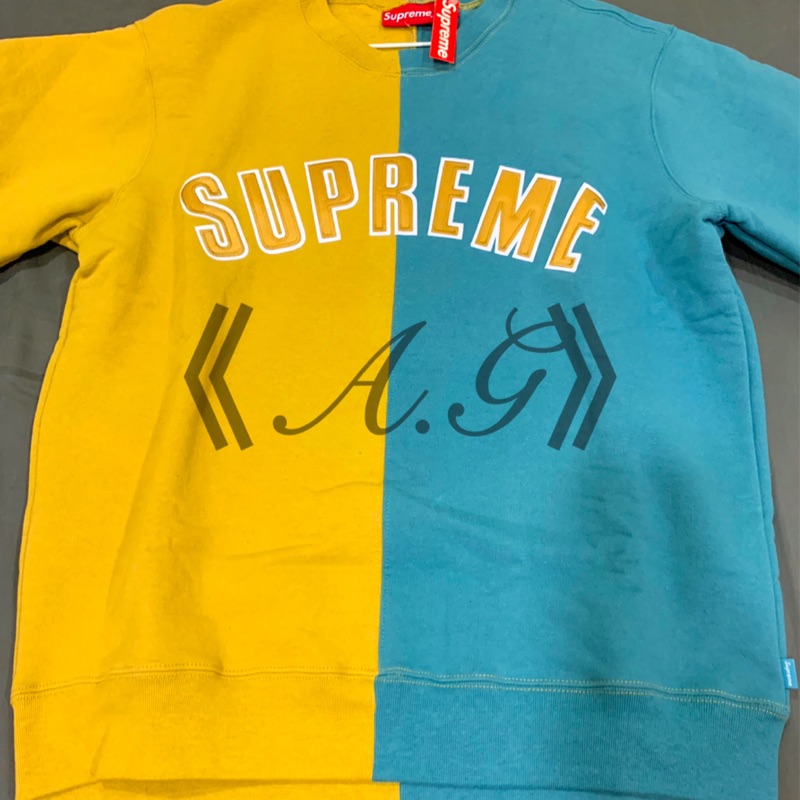 A.G代購》Supreme 18FW 開季大學T 棉T Split Crewneck Sweatshirt 黃藍