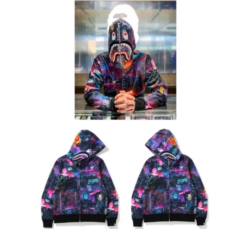 A bathing ape bape neon Tokyo hoodie 東京迷彩鯊魚外套| 蝦皮購物