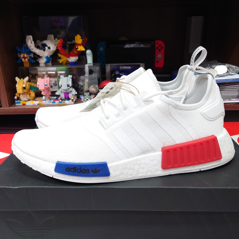 Adidas nmd r1 white shop with red and blue