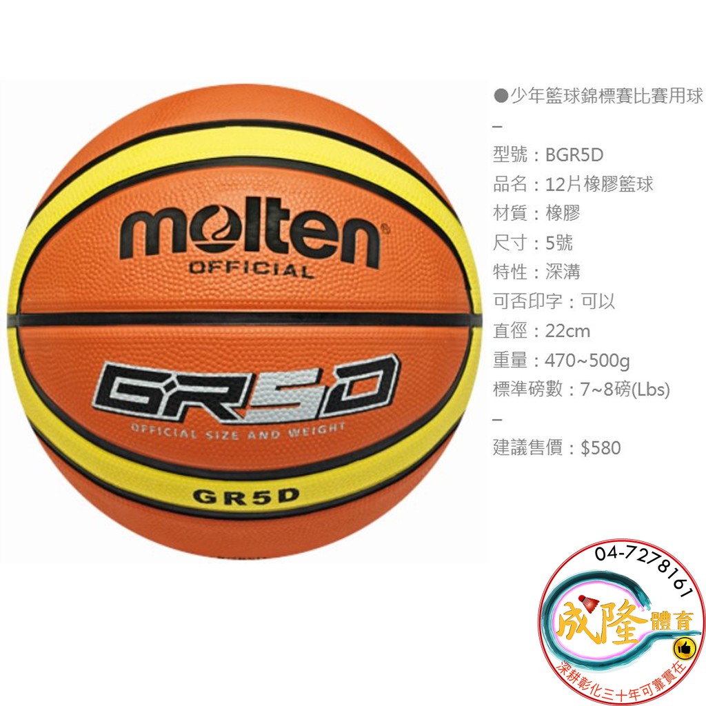 成隆體育§ Molten GR5D 籃球5號BGR5D 少年籃球多色附球針球網12