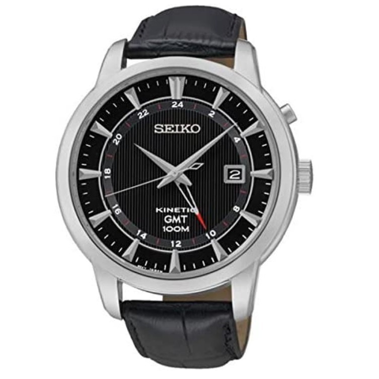 SEIKO WATCH KINETIC 精工人動電能兩地時間GMT商旅皮帶腕錶型號