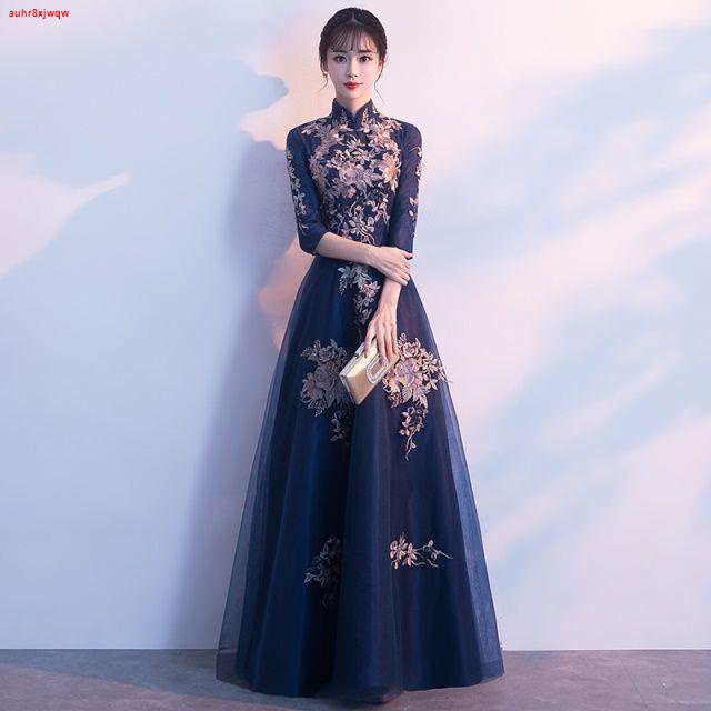 中式晚禮服裙女新款宴會晚宴年會旗袍主持人端莊大氣長款晚會 | 蝦皮購物