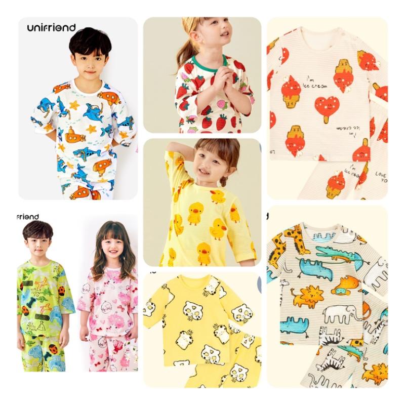 韓國Unifriend 童裝現貨全新竹節棉七分袖套裝兒童短袖套裝春夏家居服