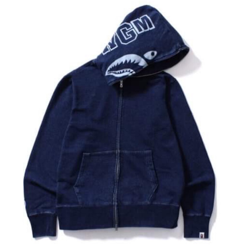 美品釋出 A BATHING APE INDIGO SHARK FULL ZIP UP HOODIE 藍染 藍鯊