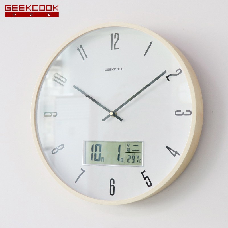 GEEKCOOK 極客庫 北歐木掛鐘簡約刻度數字LCD萬年歷帶農歷星期溫度多功能時鐘居家裝飾客廳牆壁掛飾時鐘掛鐘 | 蝦皮購物