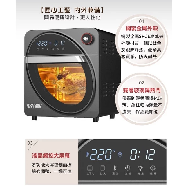 全雞、烘焙、氣炸一機搞定！SONGEN 松井 14L可旋轉多功能氣炸烤箱 (SG-1430AF) 深度開箱推薦：高CP值珍珠白美學，3D熱旋與豪華配件，廚房新手的料理救星