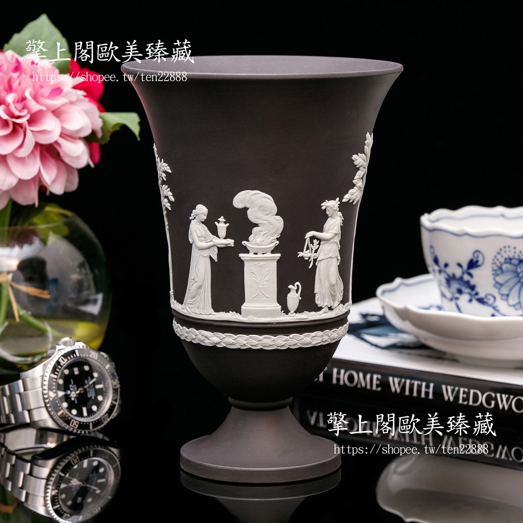 擎上閣】英國製Wedgwood希臘女神1967黑色玄武岩水藍色碧玉浮雕陶瓷裝飾