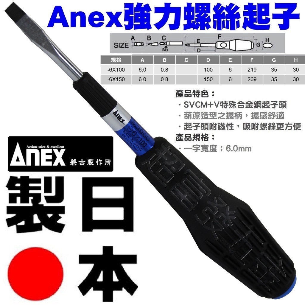 ANEX 安力士3980系列螺絲起子超強喰咬打擊起子十字一字PH1 PH2 PH3 日本製鱷魚手柄