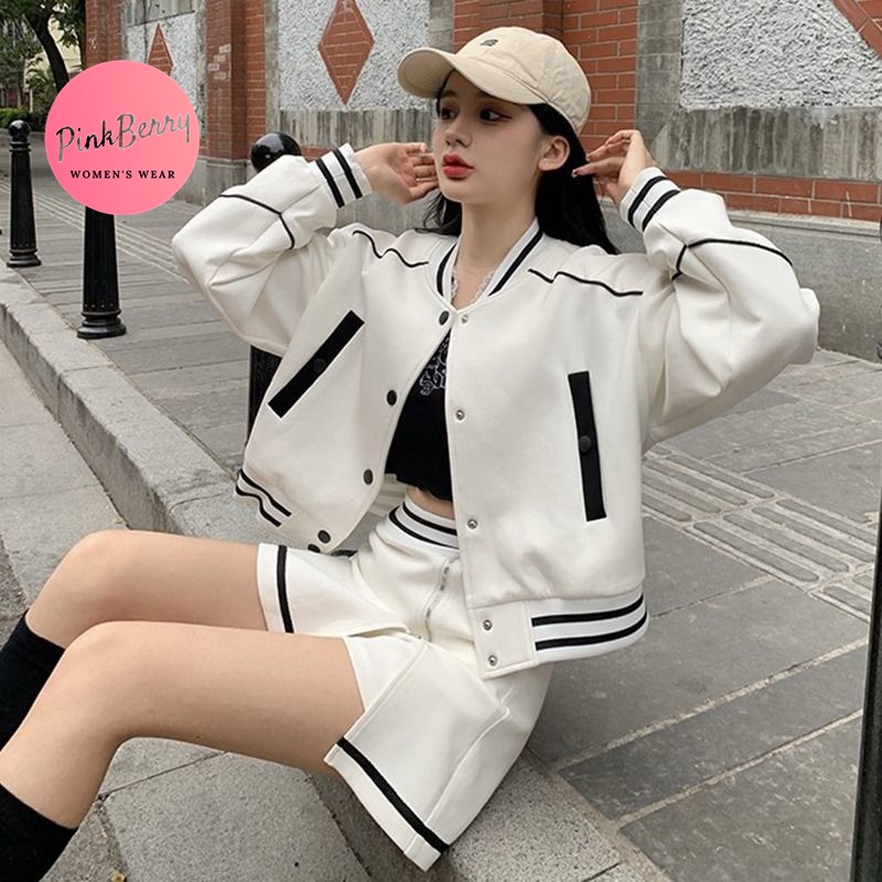 PinkBerry│美式復古外套 2色 棒球外套 短版外套 寬鬆外套 歐美套服 辣妹套服 半身裙 小外套 兩件式套服 | 蝦皮購物