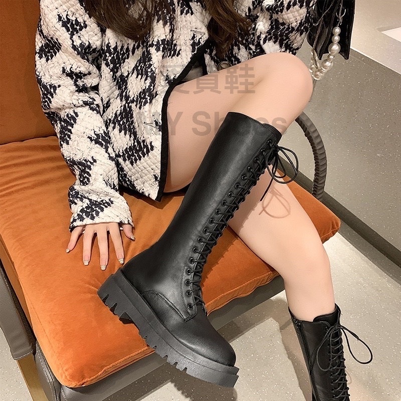 36-43碼全黑系 個性百搭 長筒軍靴【台灣現貨快速出貨】長靴 長筒長靴 膝下靴 綁帶長靴 綁帶長軍靴 軍靴 騎士靴