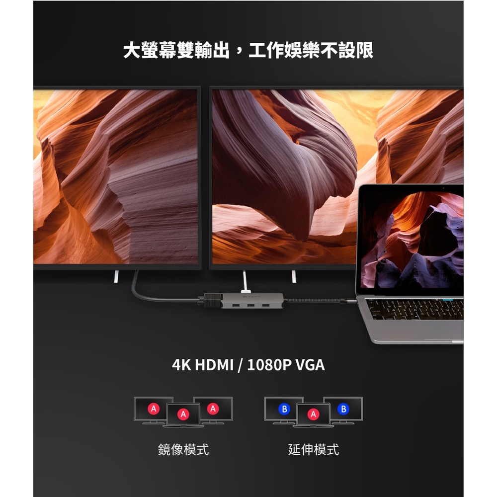 ADAM 亞果元素 CASA HUB A08 USB-C 8 Port 多功能集線器, 午夜藍