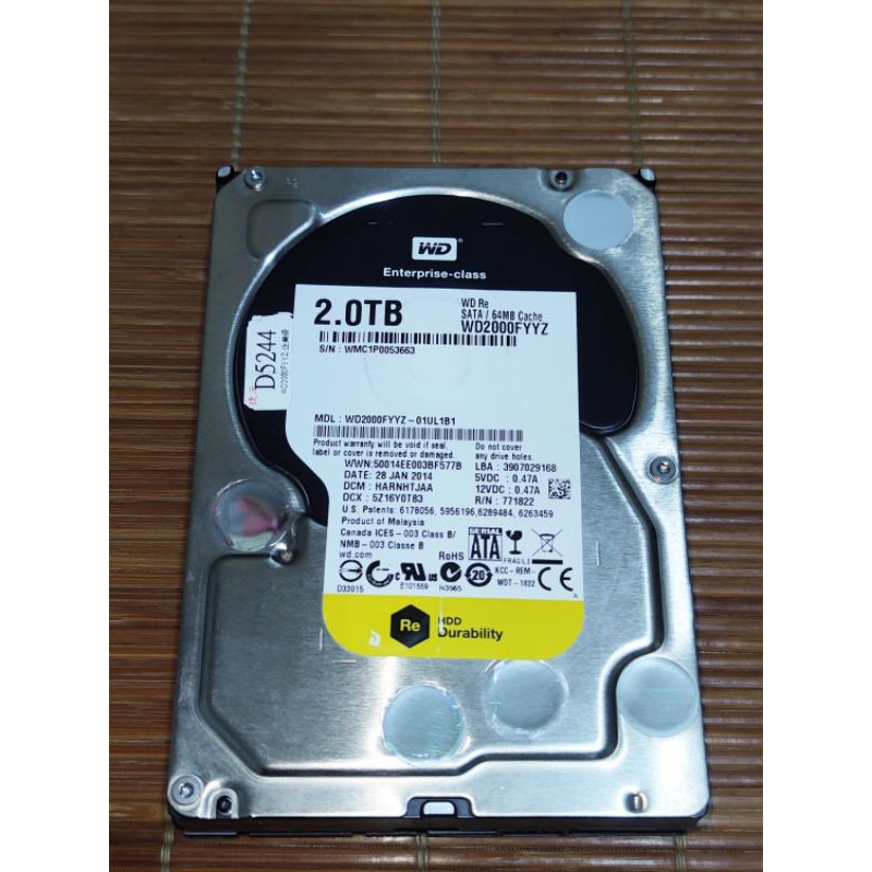 WD 2TB 企業級，WD2000FYYZ-01UL1B1，快取64M SATA III / 無壞軌異聲