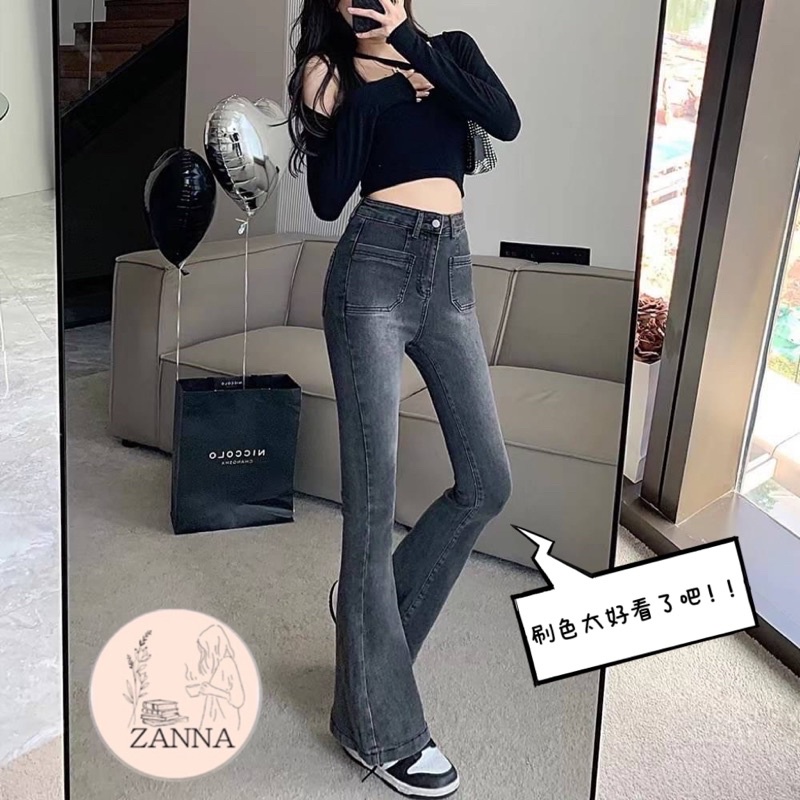 《zanna》900130韓版 Ay彈力復古風立體口袋喇叭牛仔褲👖顯腿長這款有做咖啡超級好看‼️ 喇叭褲 蝦皮購物