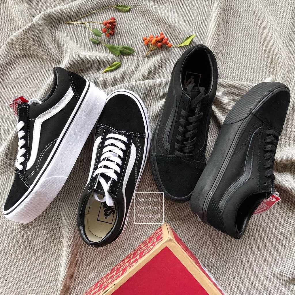 Sharkhead】現貨Vans Old Skool 厚底餅乾底基本款高跟黑白美式增高女鞋