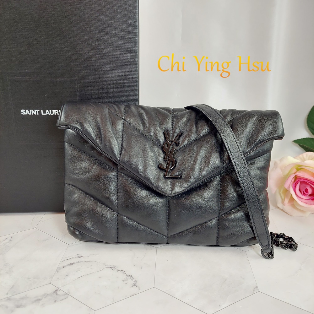 YSL 25S LOULOU PUFFER MINI 23 IN BLACK CALFSKIN SILVER HARDWRE