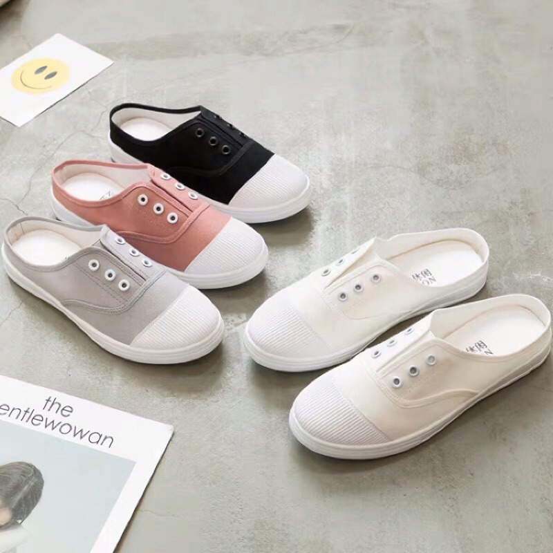 台灣現貨懶人鞋、女半拖鞋、36~41平底帆布鞋、熱賣新款無後跟帆布鞋、學生韓版懶人鞋、百搭半拖小白鞋