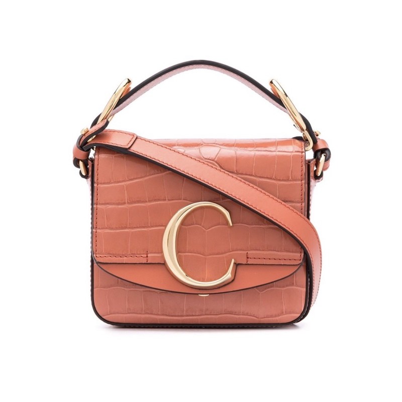 正品Chloé mini C bag迷你鱷魚壓紋牛皮手提&肩包 珊瑚橘 原價$4,9000 ｜95新