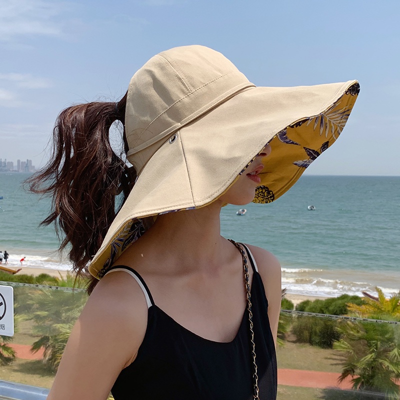 遮陽帽 女 夏季 大帽檐 防曬帽 空頂 太陽帽 防紫外線 漁夫帽 遮臉 紮馬尾 戶外活動 | 蝦皮購物