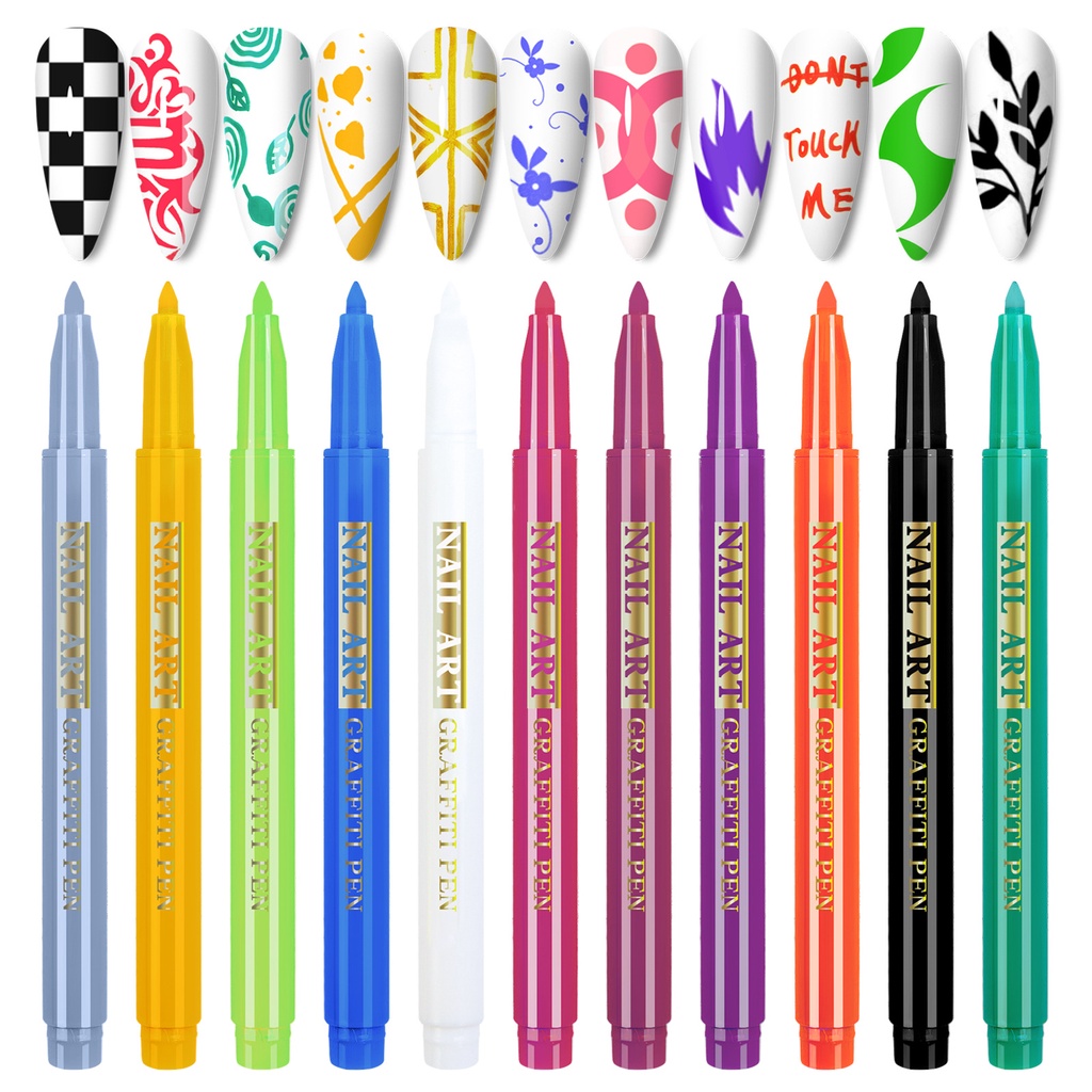 Gorvalin 12 Colors Nail Art Pens 3D Nail Polish Pens Nail Point Graffiti Dotting Liner Pen Sets Nail Art Painted Pen Drawing Nail Design Kit for Nai