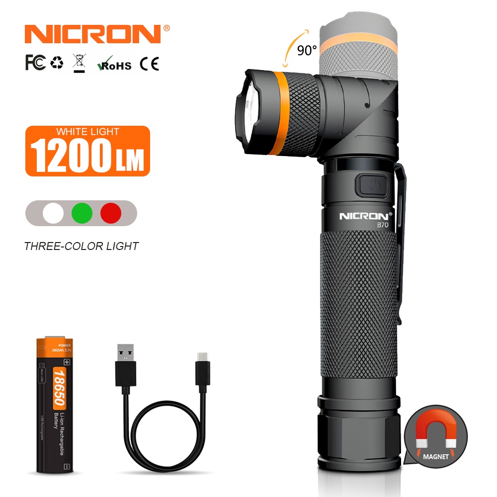 Nicron 磁鐵 90 度 Led 充電手電筒免提超高亮度 1200 流明防水角 Led 手電筒 B70