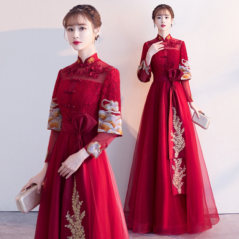 敬酒服新娘長款紅色結婚中式長袖中國風旗袍宴會禮服女洋裝 | 蝦皮購物