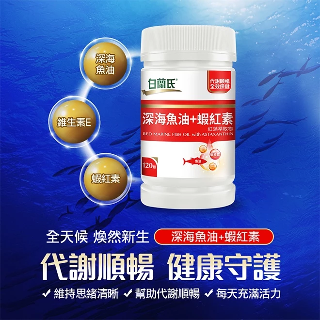 【白蘭氏】深海魚油+蝦紅素 180顆保健組(120顆+30顆x2)-DHA EPA 代謝順暢 氣色紅潤