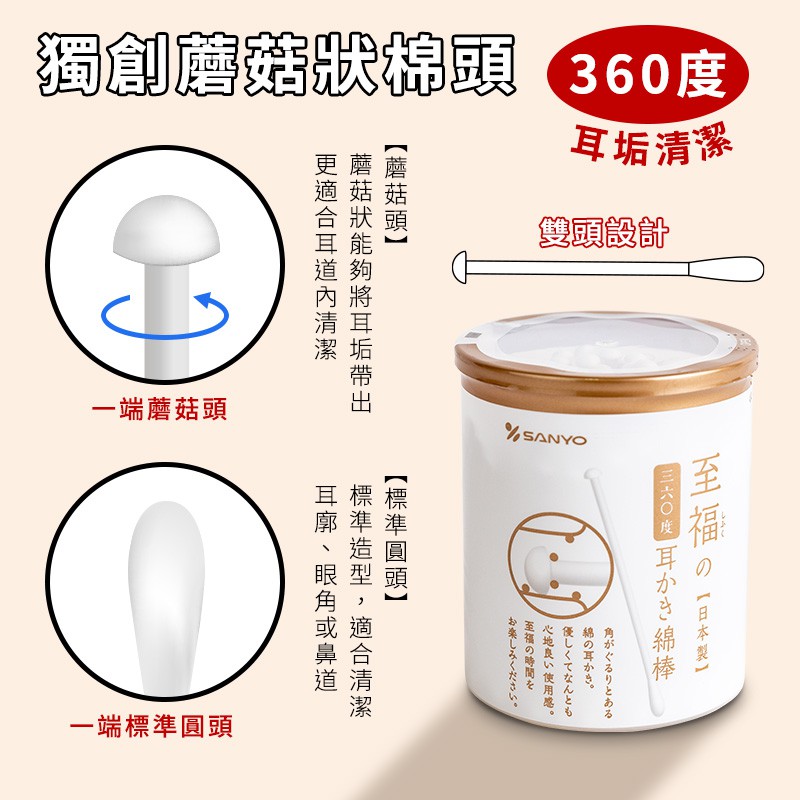 Product image 【山洋SANYO】日本製360度耳扒式雙頭幸福棉花棒-100支入 紙軸棉花棒 清潔棉棒 耳扒棉花棒 耳扒紙軸 棉花棒 1
