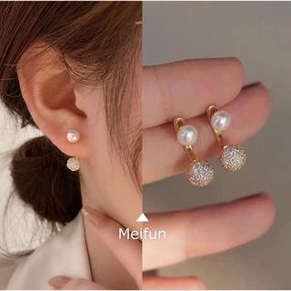 #Meifun《西西莉亞》s925純銀 耳針 珍珠鋯石雙珠耳環 台灣現貨 銀針 抗過敏針 一飾兩戴