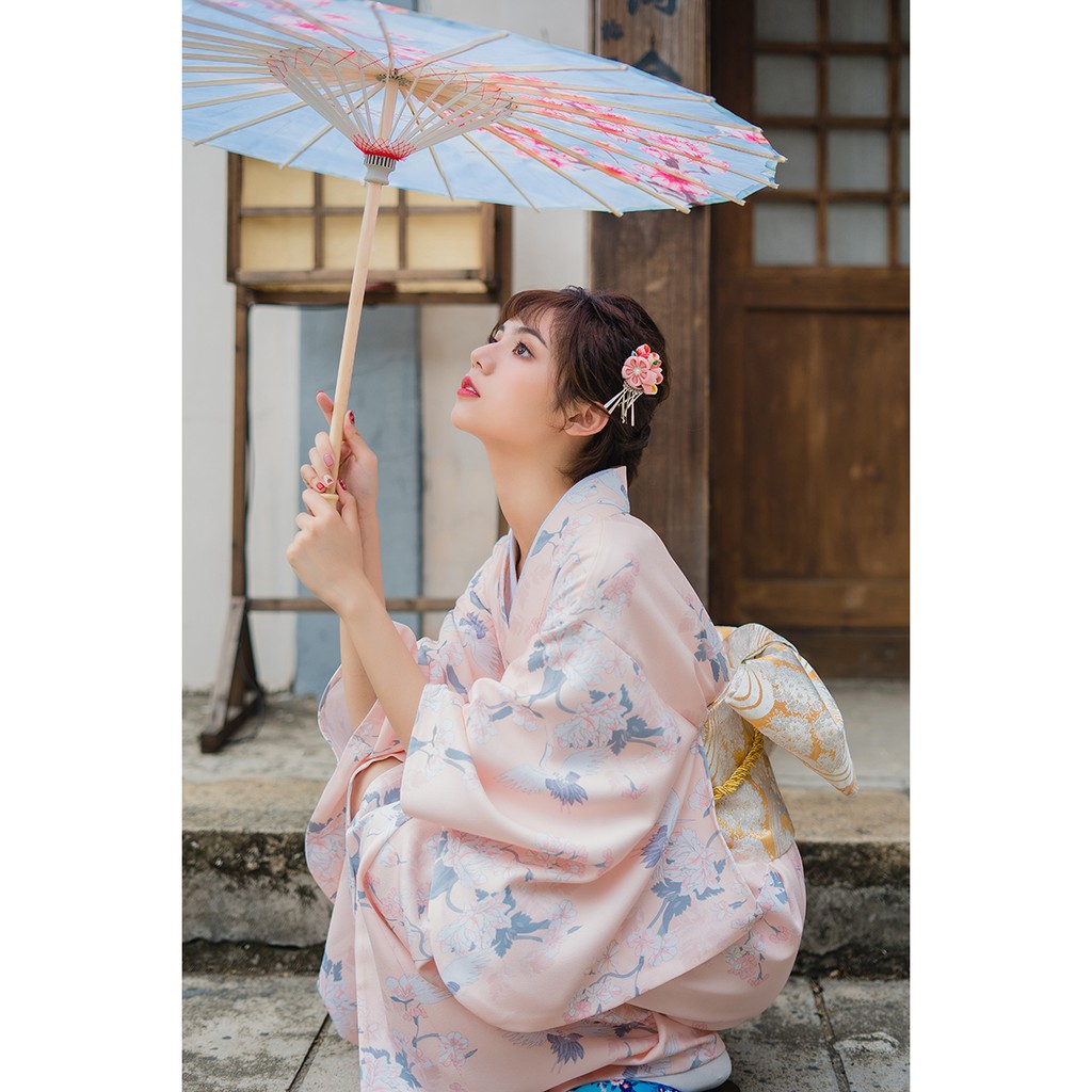 👘🍡和服橘粉仙鶴女款日本和服浴衣溫柔文藝復古日系改良和服👘🍡和服  