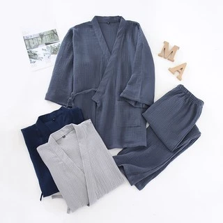 日式男和服睡衣甚平兩件式 100%純棉棉紗縐布工藝超柔軟親膚 汗蒸 和服套裝 家居服套裝縐布