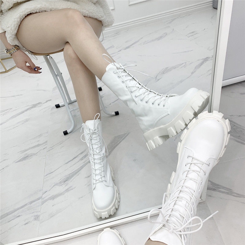 【台灣清倉/秒發】韓國2022爆款高筒馬丁靴、白色馬丁靴女、厚底機車靴跟高5CM、英倫風中筒靴、顯高瘦腿靴、舞蹈靴