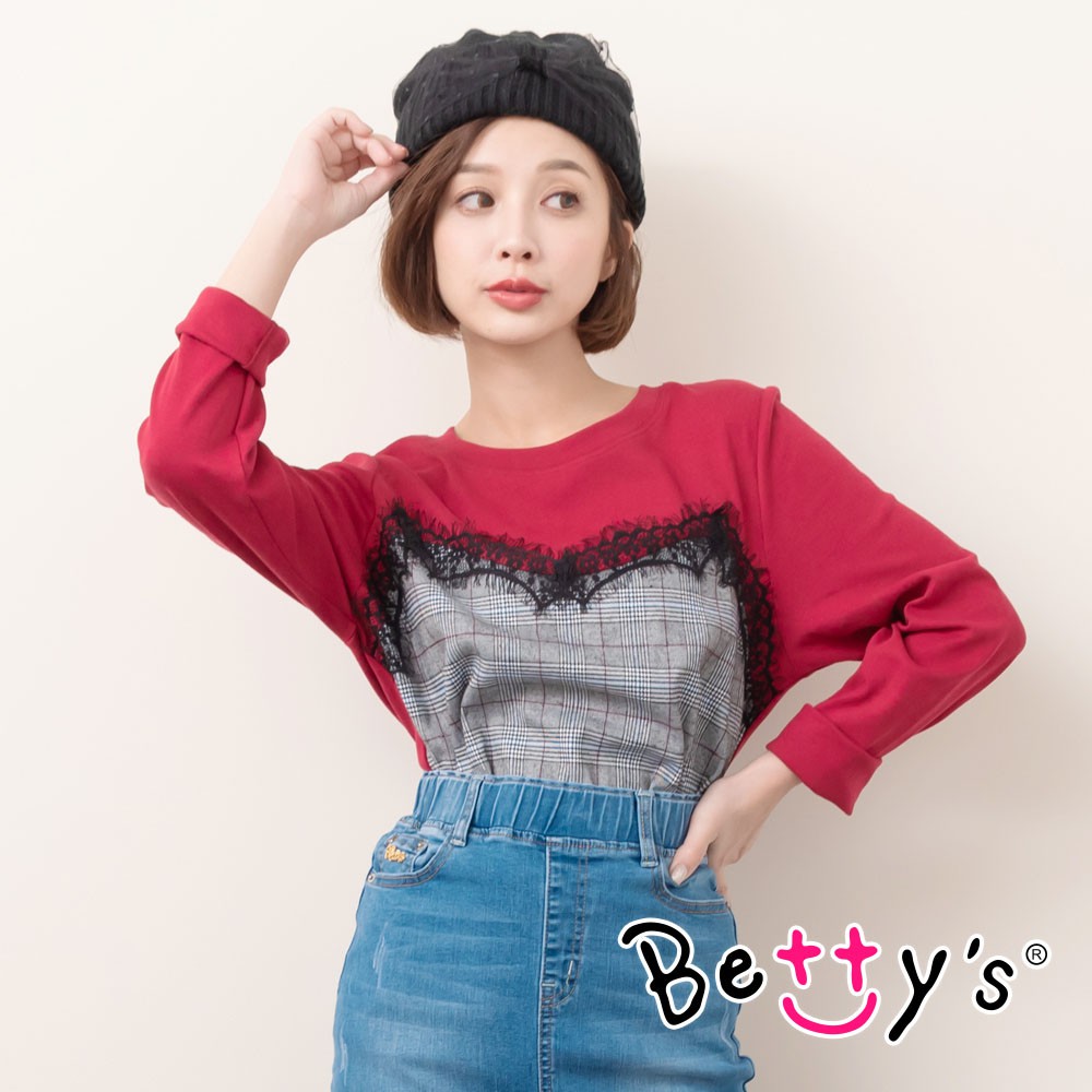 Betty’s貝蒂思 95 蕾絲拼接千鳥格紋圓領t Shirt 紅色 蝦皮購物