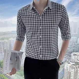 七分袖千鳥格襯衫男 m-3XL 韓國 設計感條紋格子高級感襯衫 緊身垂墜感網紅痞帥髮型師襯衫
