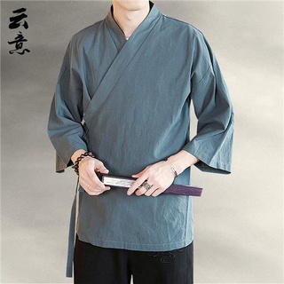 七分袖漢服男夏季中國風斜襟禪意居士服男裝古風茶服棉麻道袍外套| 蝦皮購物