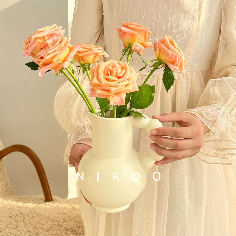 NIKOO☆現貨☆法式奶壺提手陶瓷花瓶ins風高顏值擺件插花花器水培花瓶