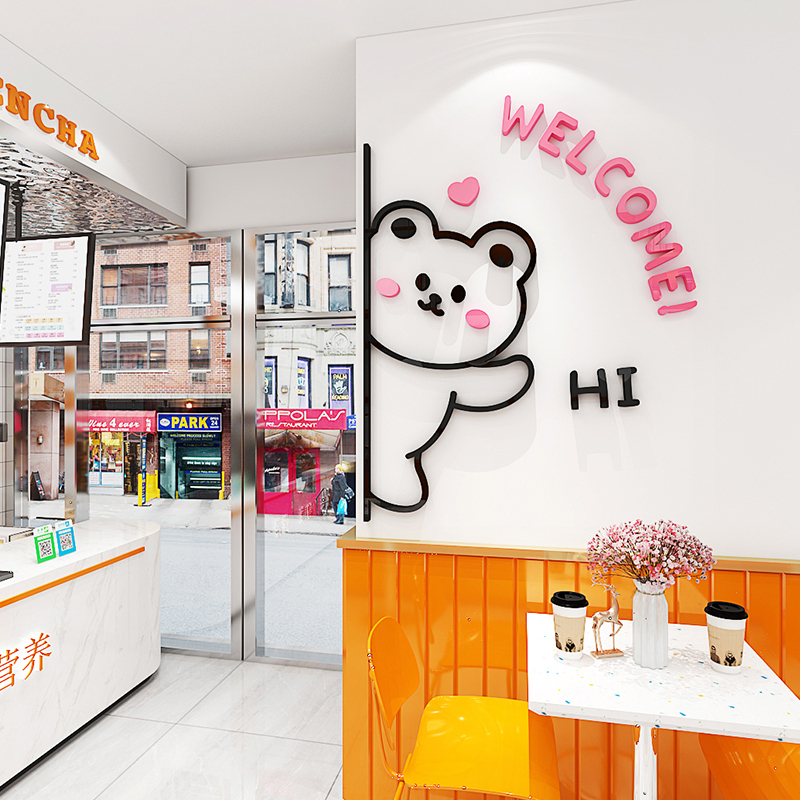 秒發貨！ins風卡通熊welcome歡迎標語Hi亞克力自粘壁貼奶茶餐飲店鋪前臺收銀臺裝飾牆貼 | 蝦皮購物