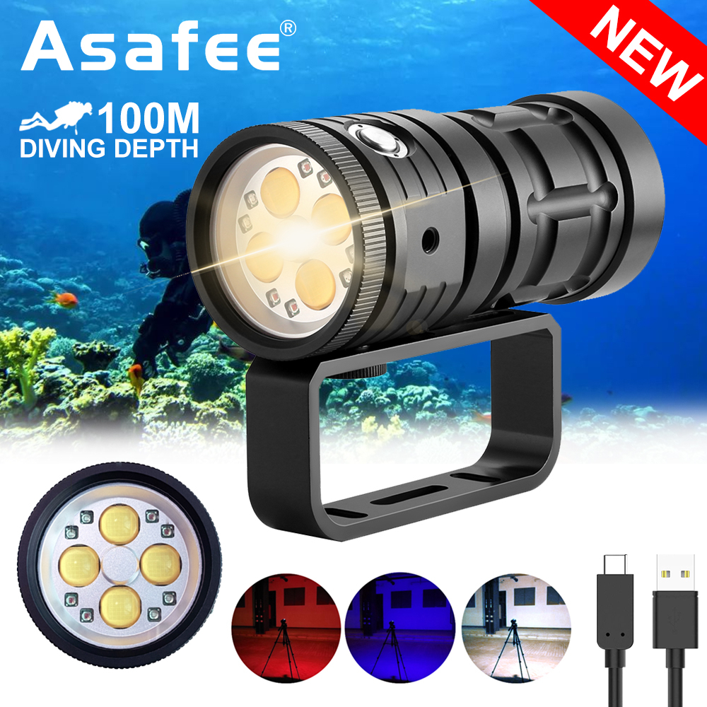 Asafee 18000LM D16超亮COB LED潛水手電水下攝影輔助燈多檔紅藍光開關水下100M潛水水 | 蝦皮購物